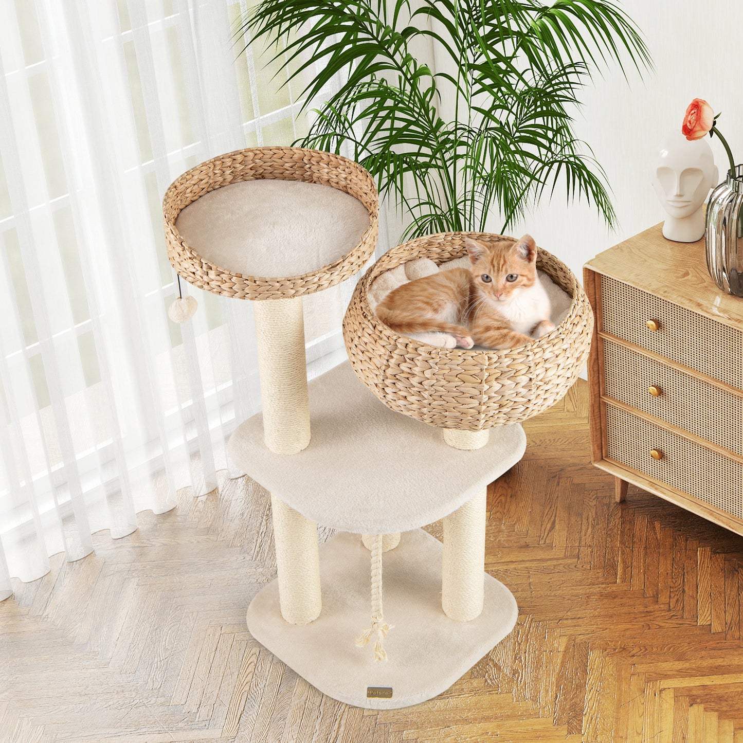 41 Inch Rattan Cat Tree with Napping Perch-White - White