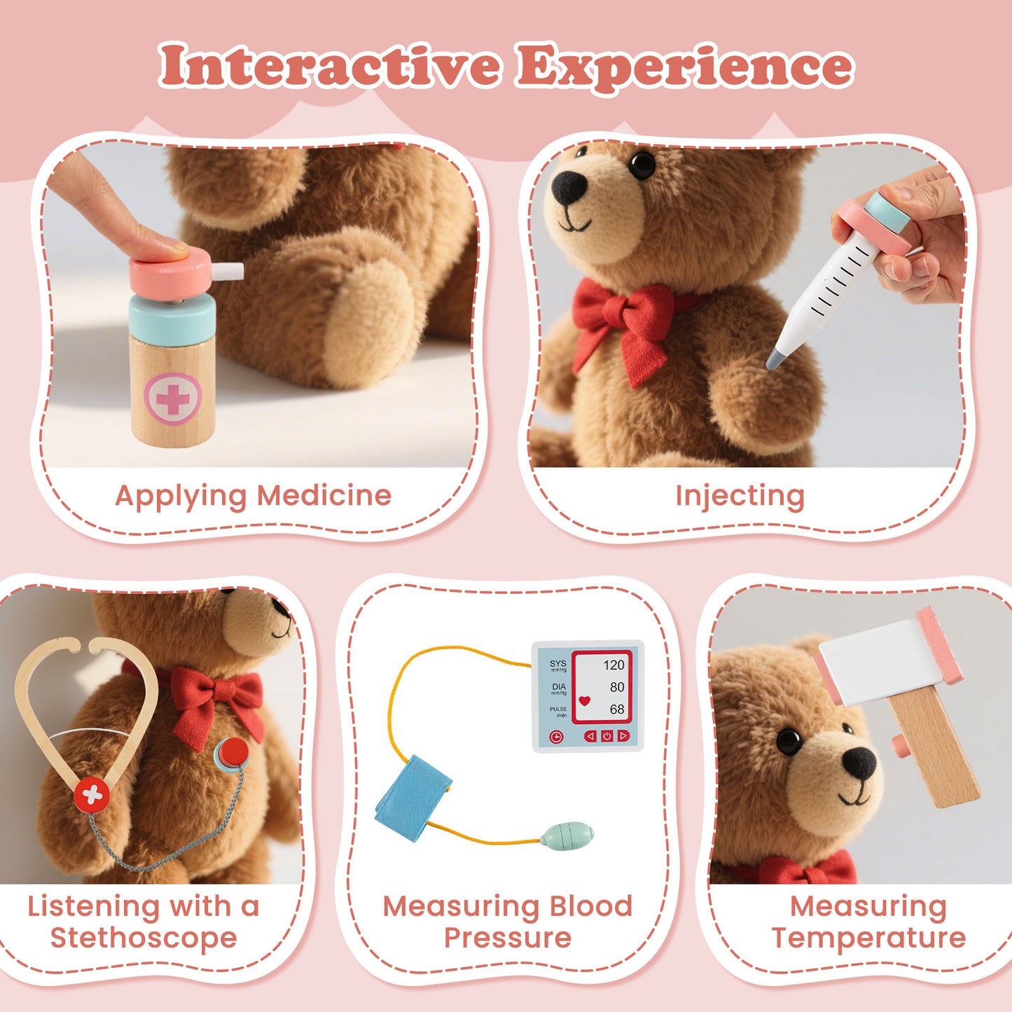 Wooden Doctor Playset with Stethoscope for Toddlers over 3 Years Old-Pink