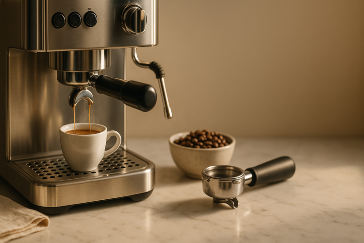 Direct Deals Appliances Collection — stainless espresso machine pulling a shot on a marble counter with crema, beans, and steam