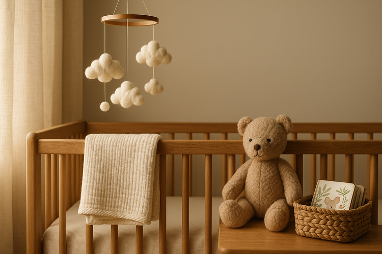Direct Deals Baby and Kids Collection — natural wood crib with cream muslin blanket, wooden mobile, and plush bear in soft morning light