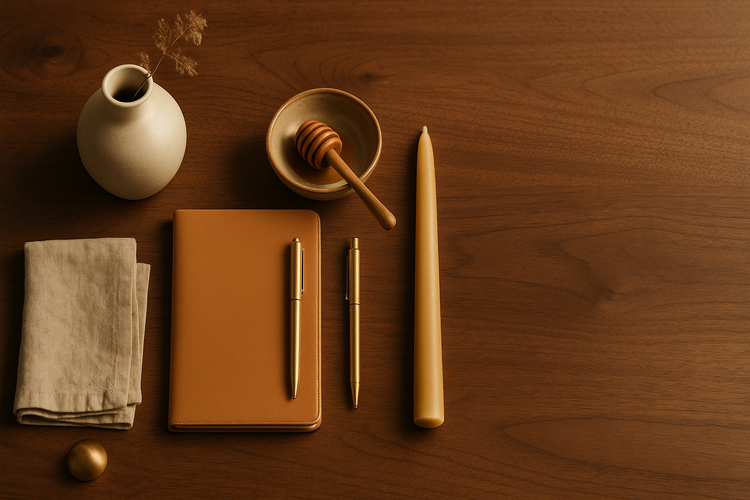 Direct Deals Best Sellers Collection — overhead editorial flat lay of premium products on warm walnut with leather notebook, ceramic vase, and brass accents