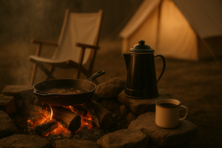 Direct Deals Camping Collection — cast iron skillet on campfire embers with percolator, canvas chair, and tent silhouette in warm twilight