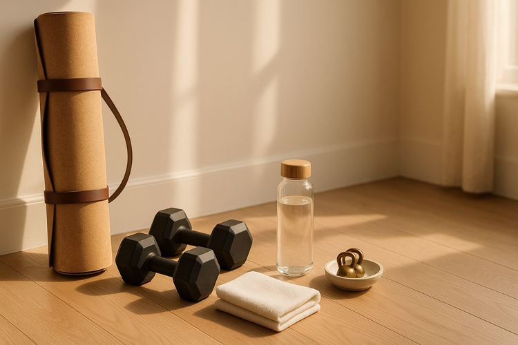 Direct Deals Fitness Collection — rolled cork yoga mat, matte black dumbbells, and cotton towel on a sunlit oak floor