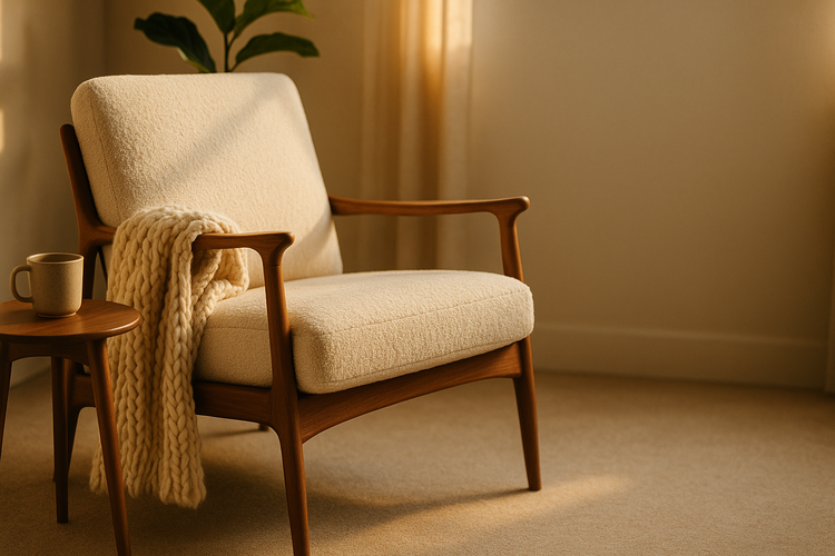 Direct Deals Furniture Collection — mid-century walnut lounge chair in cream bouclé with throw blanket in a sunlit corner
