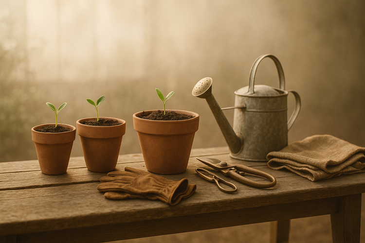 Direct Deals Garden Collection — terracotta pots with seedlings on a wood bench with leather gloves and brass pruners in misty morning light