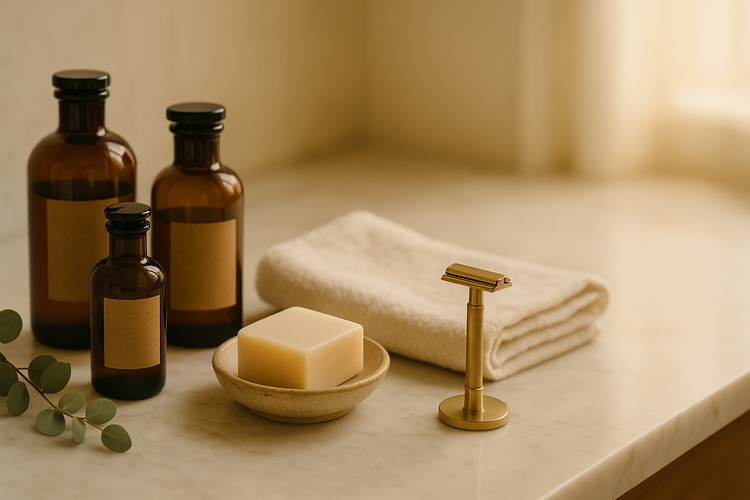 Direct Deals Health and Beauty Collection — amber apothecary bottles, natural soap, and eucalyptus on a marble vanity in bright soft light