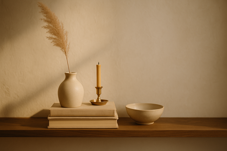 Direct Deals Home Decor Collection — curated shelf vignette with ceramic vase, art books, and brass candlestick in soft natural light