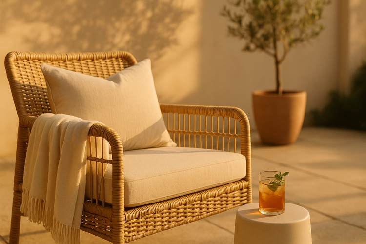 Direct Deals Home Outdoor Collection — wicker lounge chair on a stone patio at golden hour with cream throw and ceramic side table