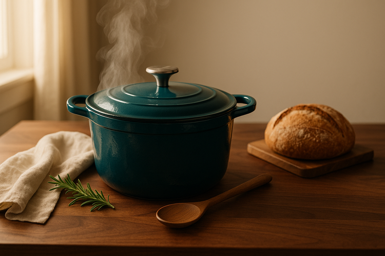 Direct Deals Kitchen Collection — cast iron Dutch oven on a walnut counter with fresh rosemary and a linen towel in soft morning light