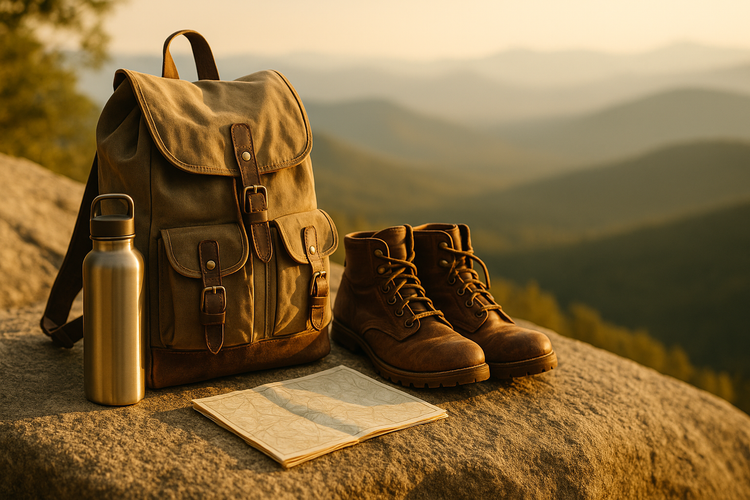 Direct Deals Outdoor Recreation Collection — canvas hiking daypack on granite with leather boots and stainless water bottle at golden hour