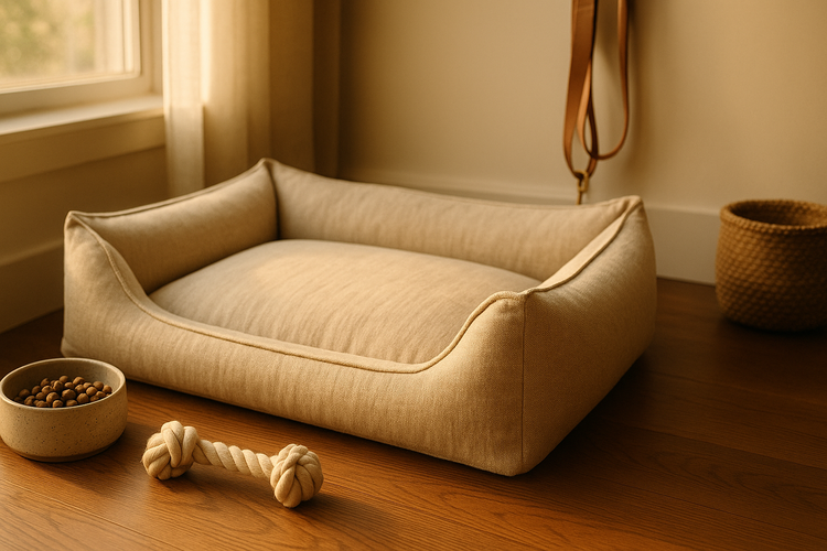 Direct Deals Pets Collection — linen oatmeal dog bed by a sunlit window with ceramic bowl, rope toy, and leather leash