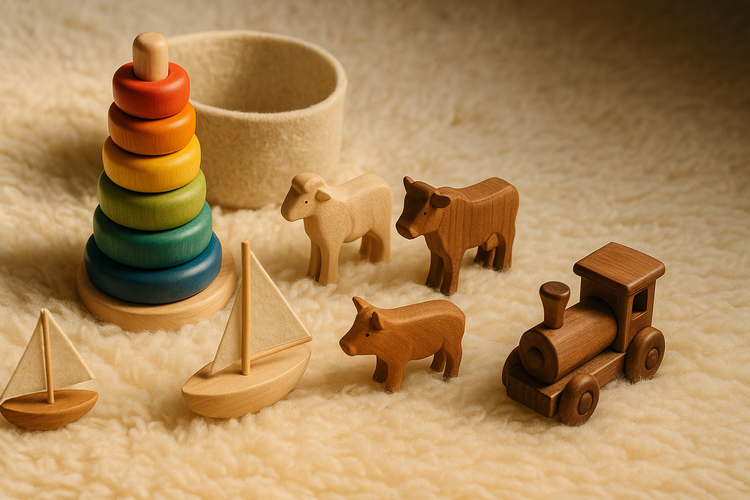 Direct Deals Toys Collection — wooden stacking toys, carved animals, and sailboat arranged on a cream wool rug in soft natural light