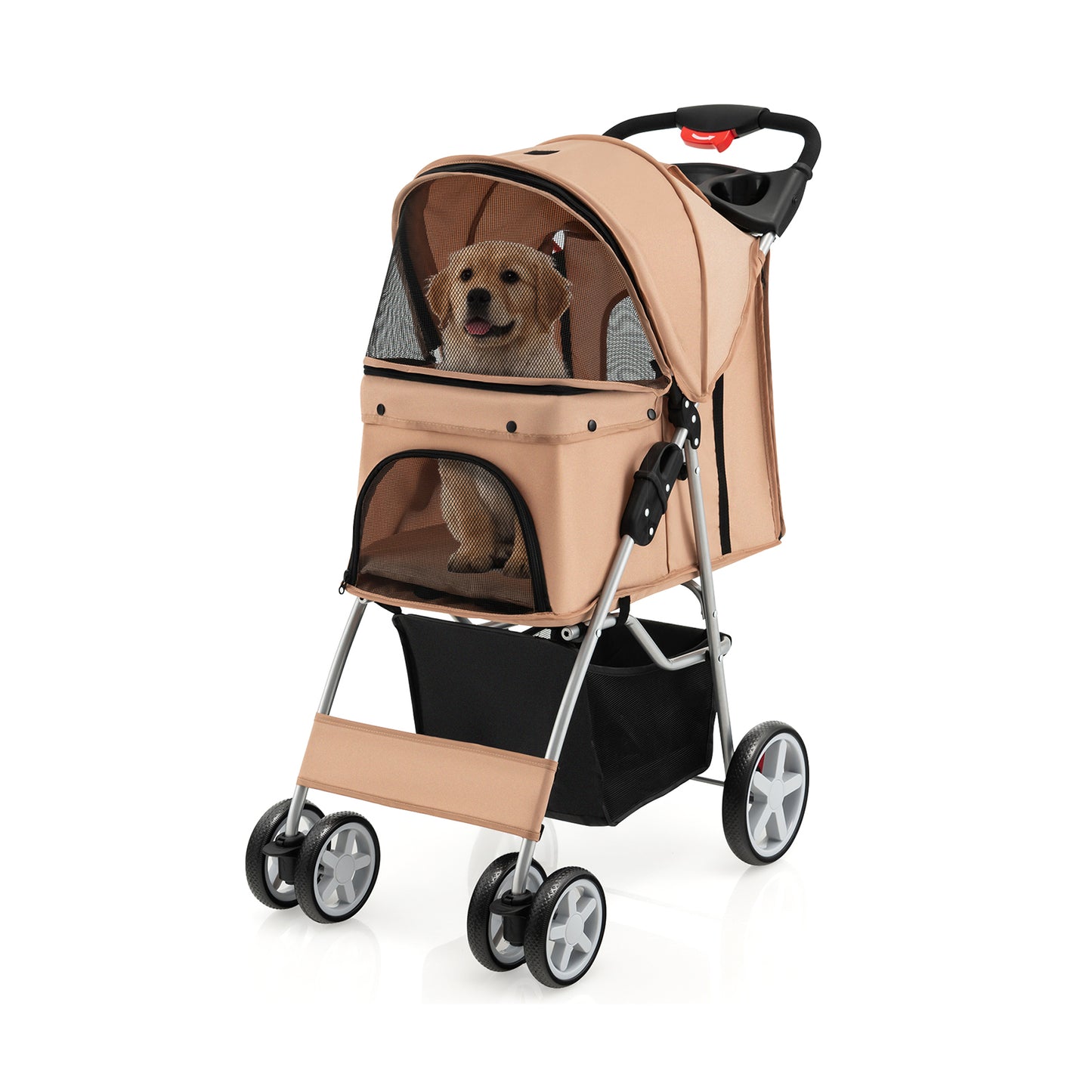 Folding Pet Stroller with Storage Basket and Adjustable Canopy-Beige - Beige