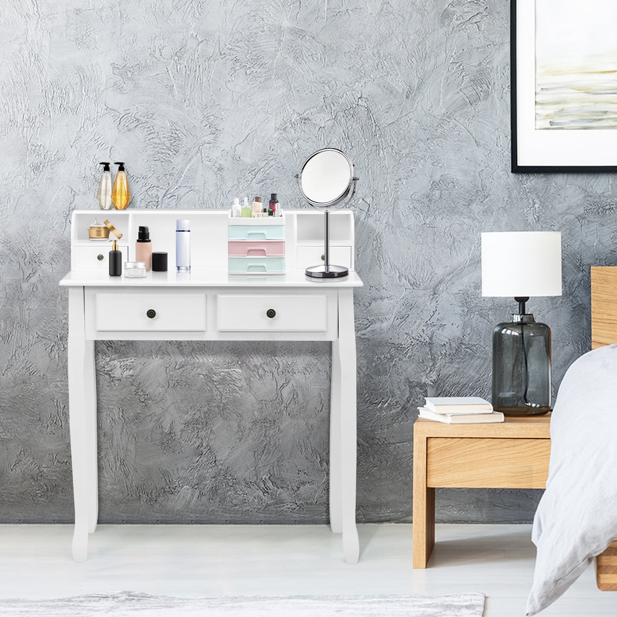 Writing Desk 2-Tier Vanity Desk Computer Desk with 4 Drawers-White