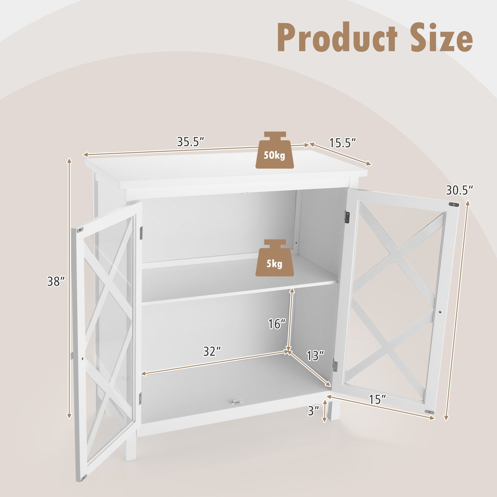 Freestanding Kitchen Buffet Cabinet with Glass Doors and Adjustable Shelf-White