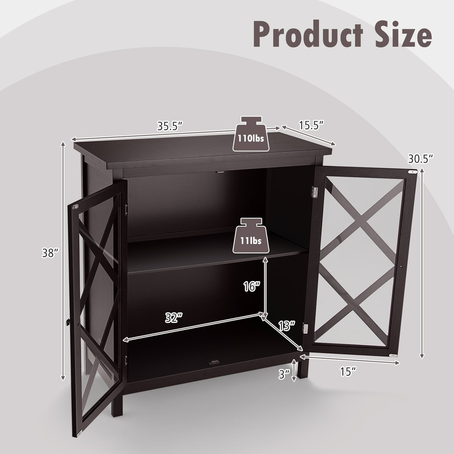 Freestanding Kitchen Buffet Cabinet with Glass Doors and Adjustable Shelf-Brown