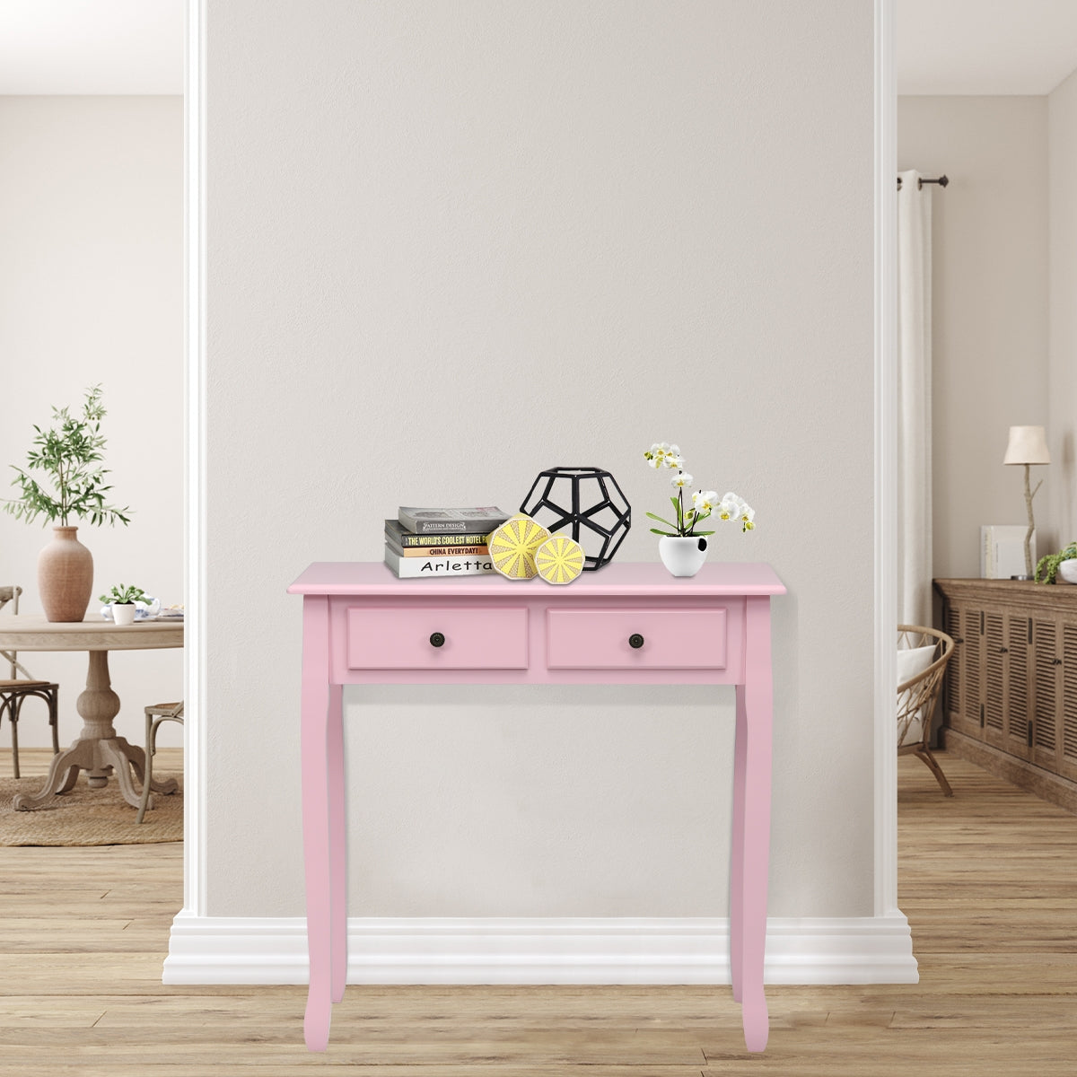 Writing Desk 2-Tier Vanity Desk Computer Desk with 4 Drawers-Pink