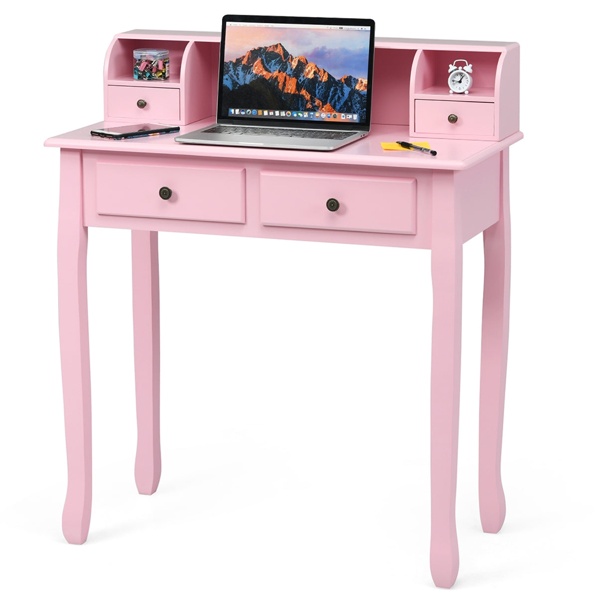 Writing Desk 2-Tier Vanity Desk Computer Desk with 4 Drawers-Pink