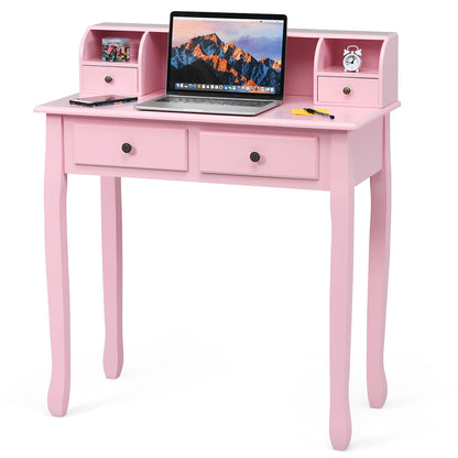 Writing Desk 2-Tier Vanity Desk Computer Desk with 4 Drawers-Pink