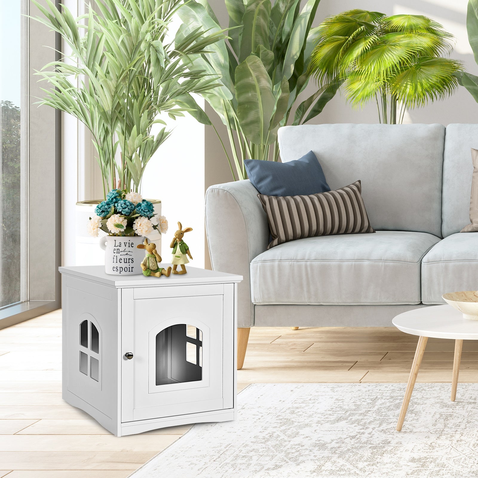 Side Table Nightstand Decorative Cat House-White