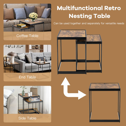 Set of 2 Modern Nesting End Tables with Metal Legs for Living Room-Rustic Brown