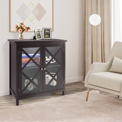 Freestanding Kitchen Buffet Cabinet with Glass Doors and Adjustable Shelf-Brown