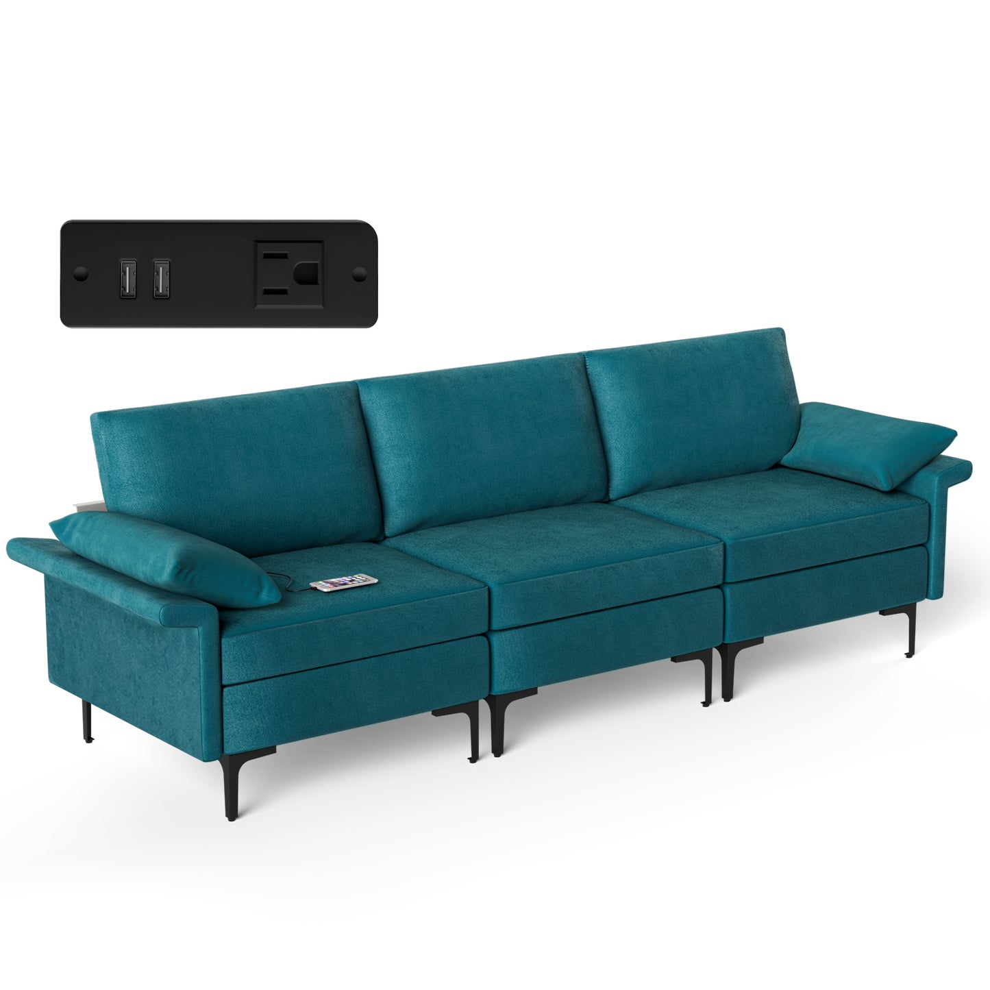 Large 3-Seat Sofa Sectional with Metal Legs and 2 USB Ports for 3-4 people-Green - Turquoise