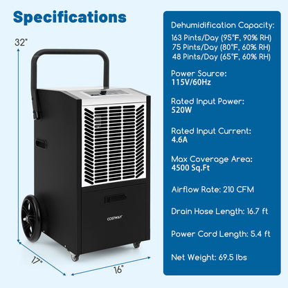 140 Pints Commercial Dehumidifier Crawl Space Dehumidifier with Pump and Drain Hose