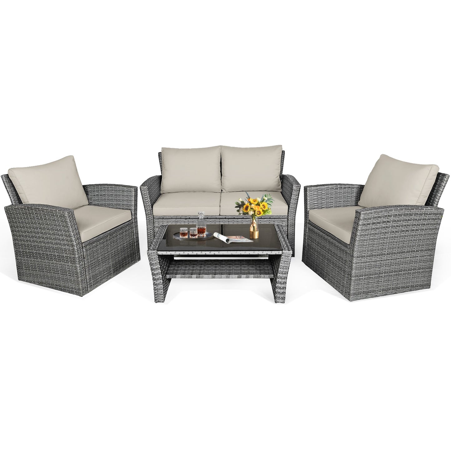 4 Pieces Patio Rattan Furniture Set Sofa Table with Storage Shelf Cushion-Gray - Khaki