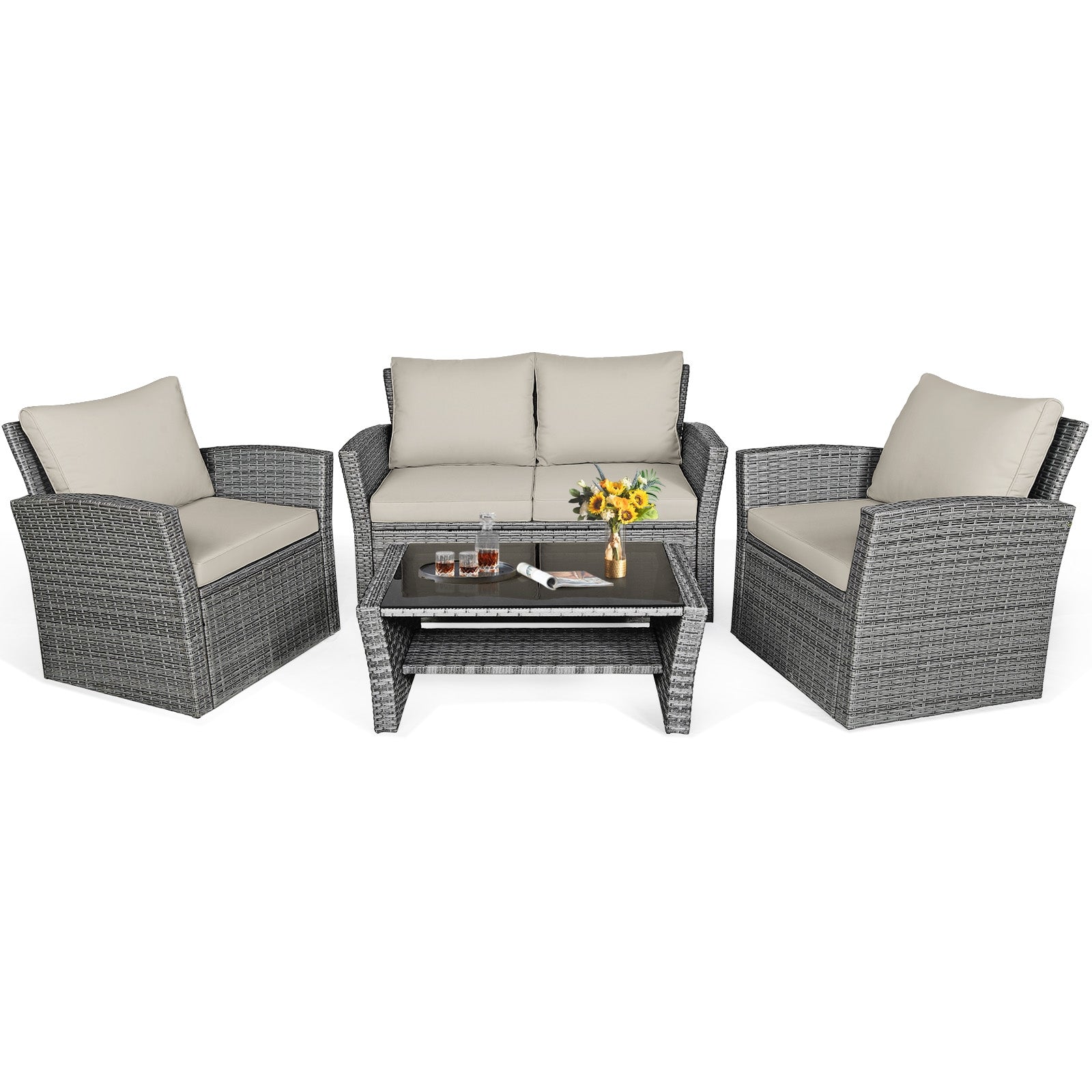 4 Pieces Patio Rattan Furniture Set Sofa Table with Storage Shelf Cushion-Gray - Khaki