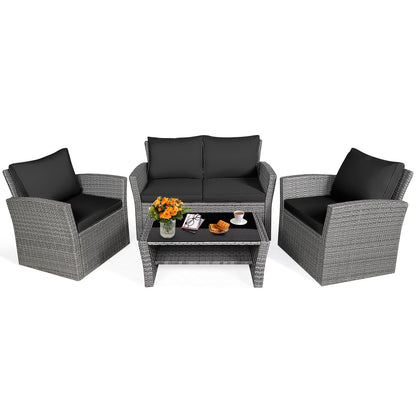 4 Pieces Patio Rattan Furniture Set Sofa Table with Storage Shelf Cushion