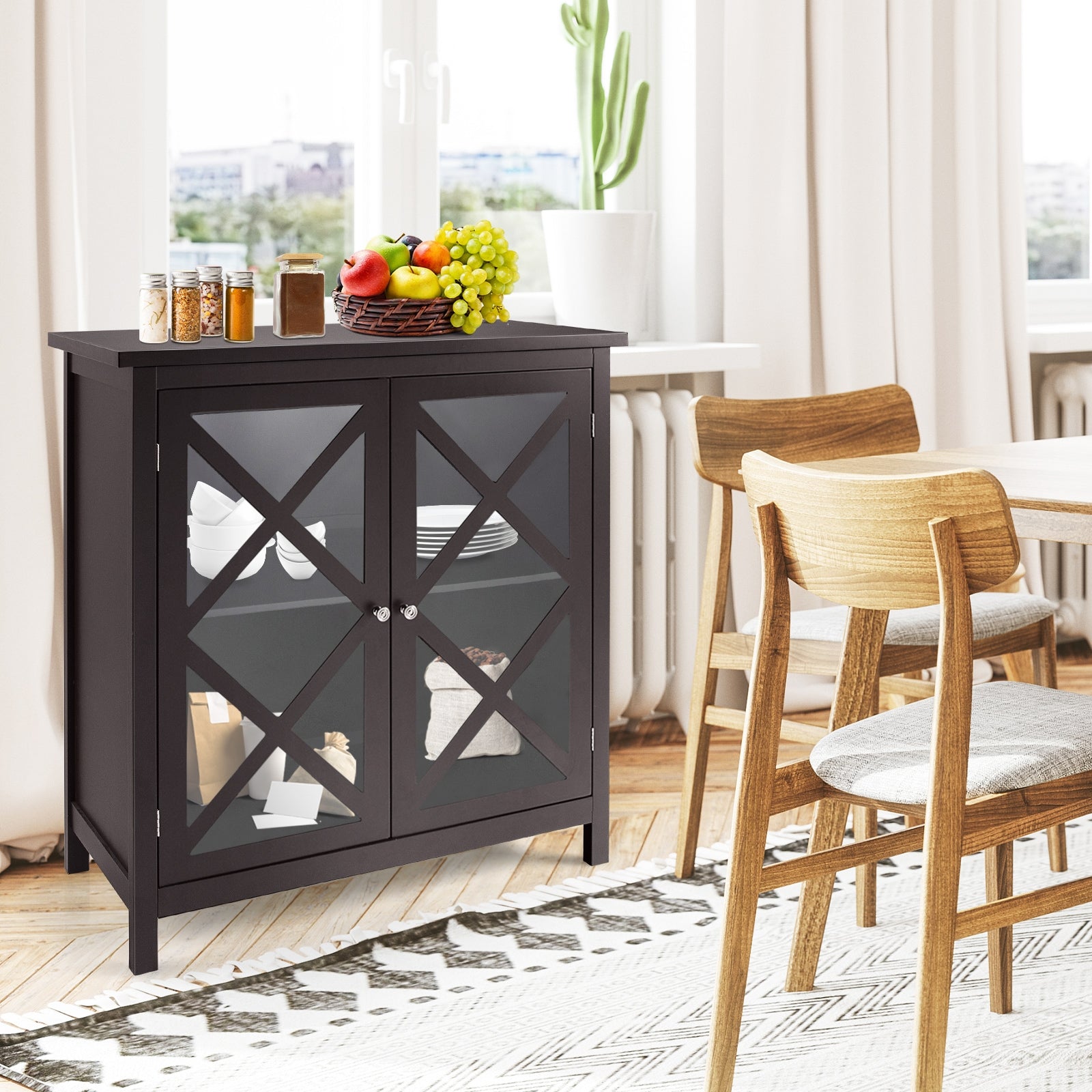 Freestanding Kitchen Buffet Cabinet with Glass Doors and Adjustable Shelf-Brown