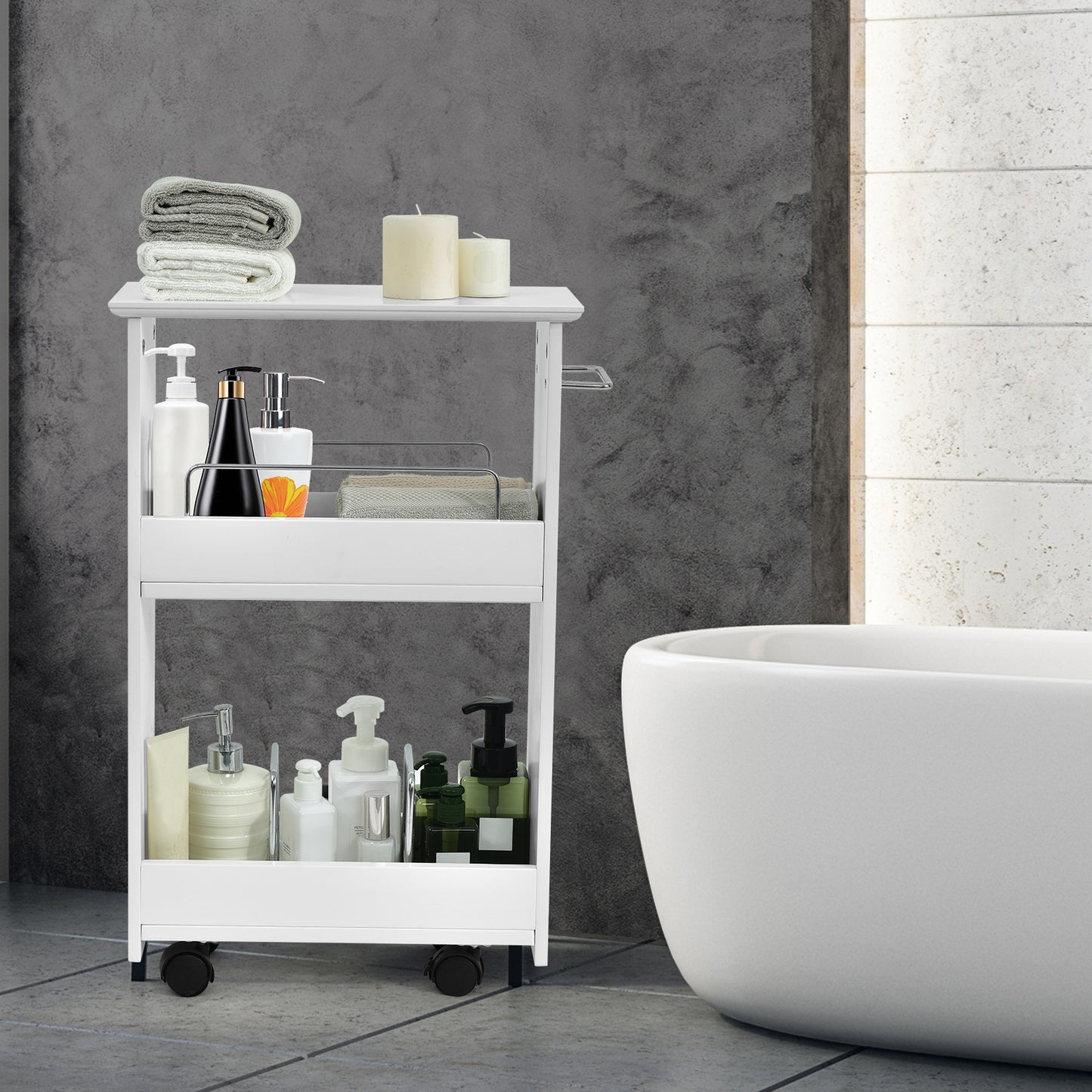 Slim Rolling 3-Tier Bathroom Mobile Shelving Cabinet wih Handle