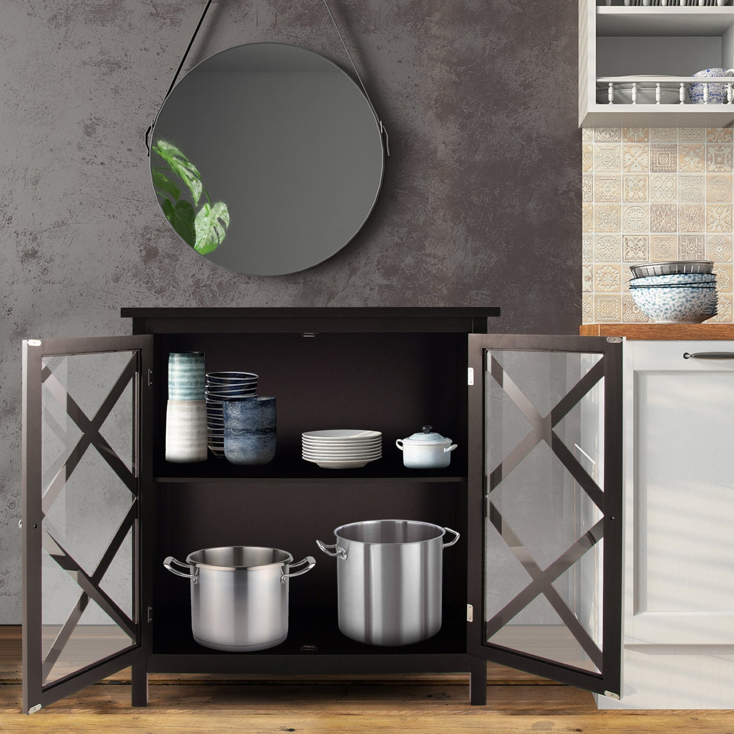 Freestanding Kitchen Buffet Cabinet with Glass Doors and Adjustable Shelf-Brown