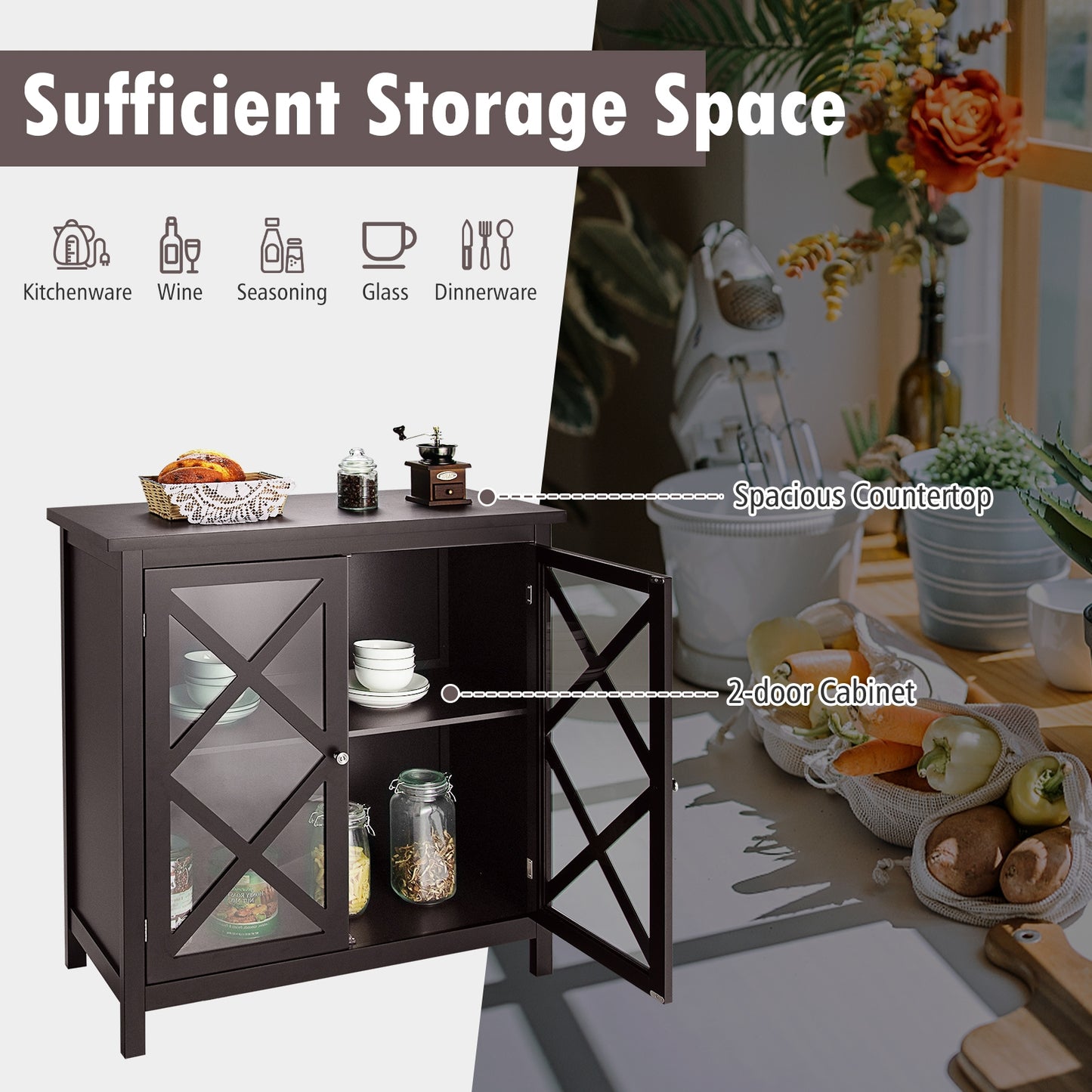 Freestanding Kitchen Buffet Cabinet with Glass Doors and Adjustable Shelf-Brown