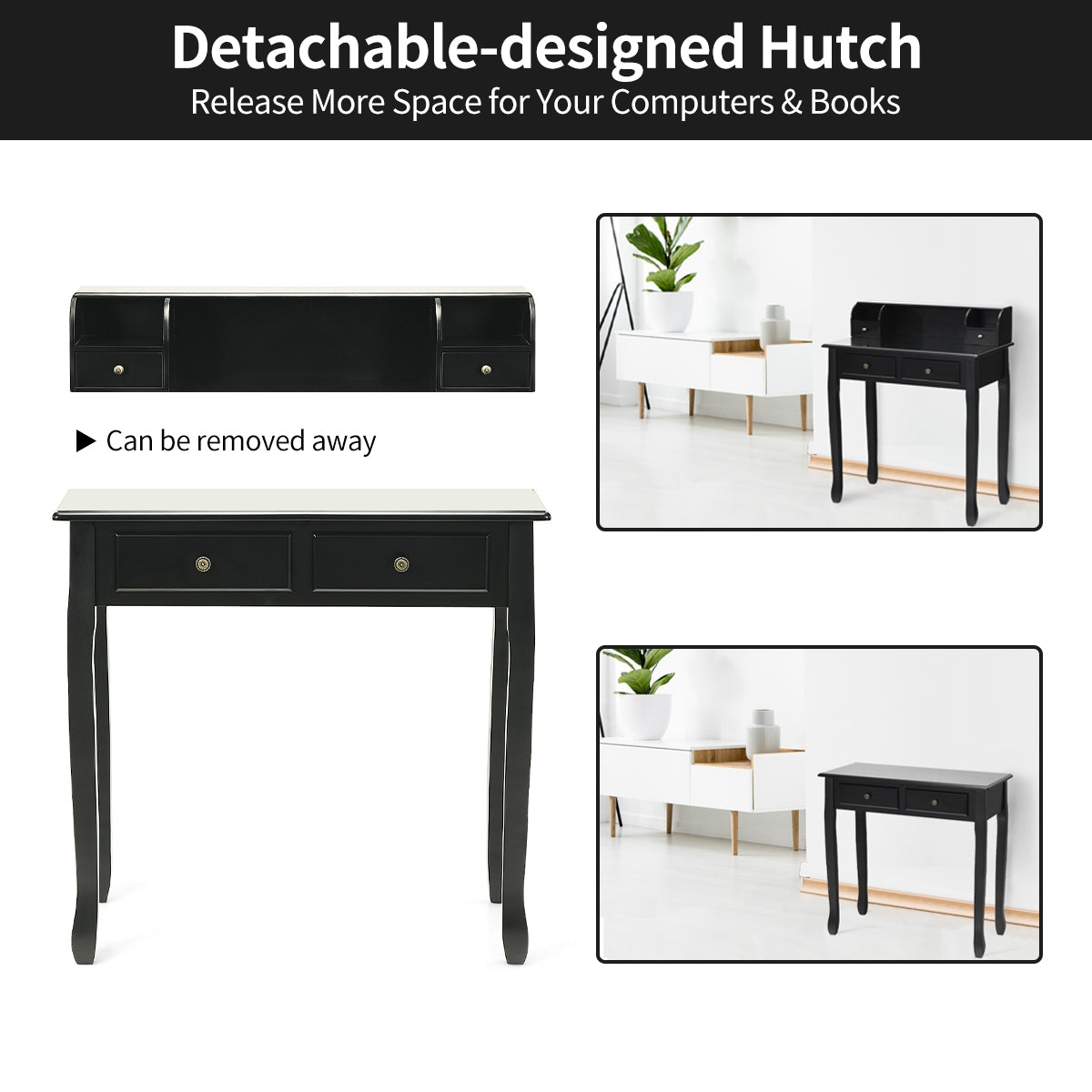 Writing Desk 2-Tier Vanity Desk Computer Desk with 4 Drawers-Black