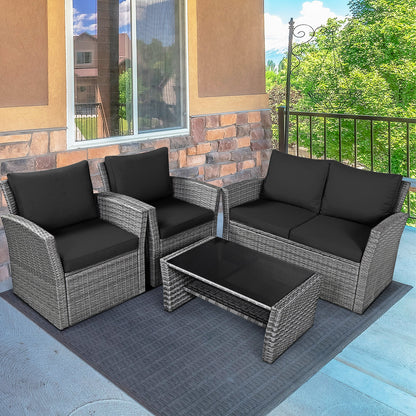 4 Pieces Patio Rattan Furniture Set Sofa Table with Storage Shelf Cushion