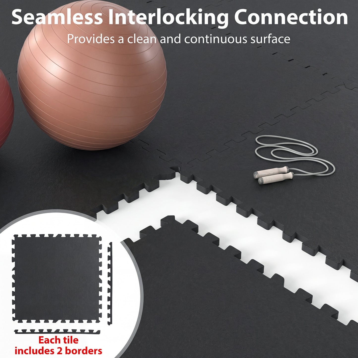 Interlocking Rubber Exercise Mat Set 48 Sq Ft with Borders
