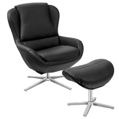 360¬∞ ¬†Swivel Leather Lounge Chair with Ottoman and Aluminum Alloy Base-Black
