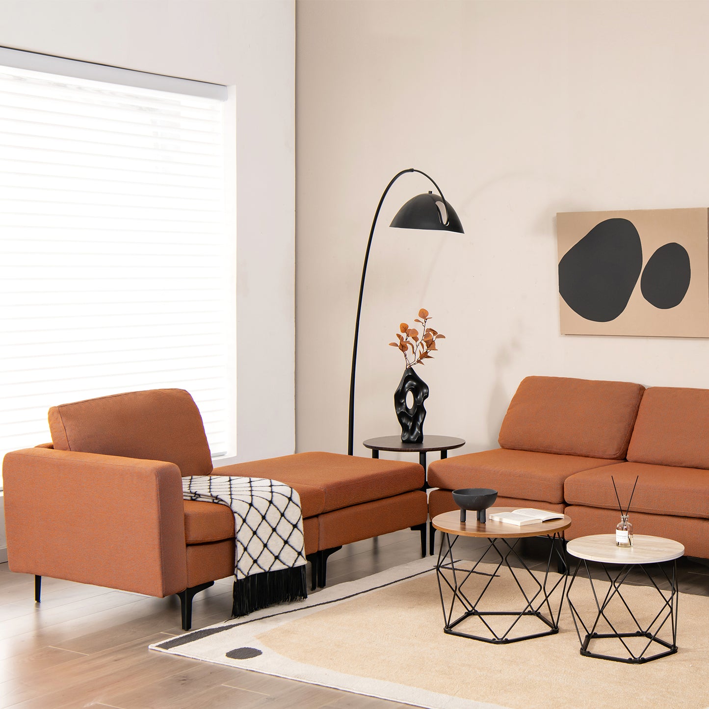 Modular L-shaped Sectional Sofa with Reversible Ottoman and 2 USB Ports-Orange