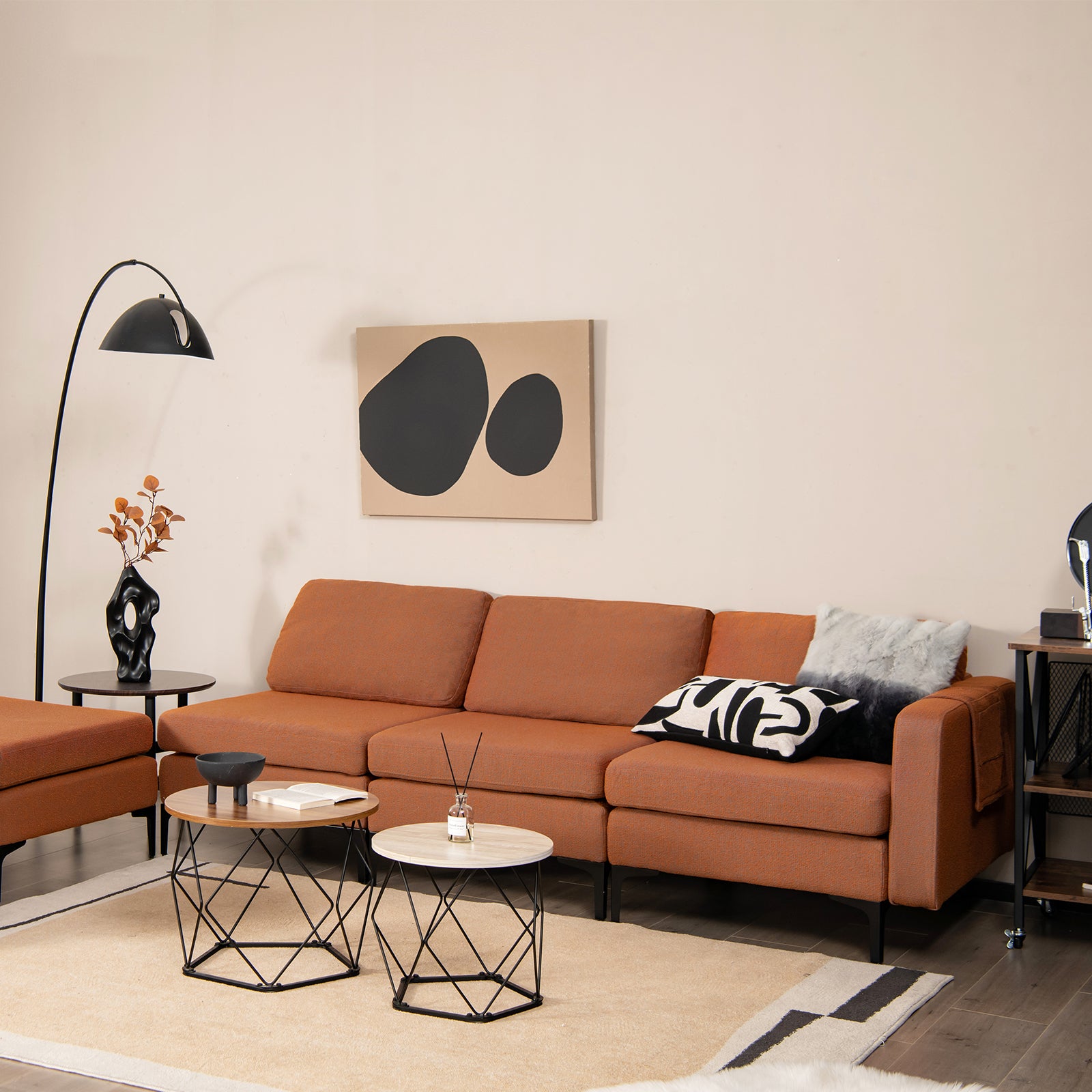 Modular L-shaped Sectional Sofa with Reversible Ottoman and 2 USB Ports-Orange