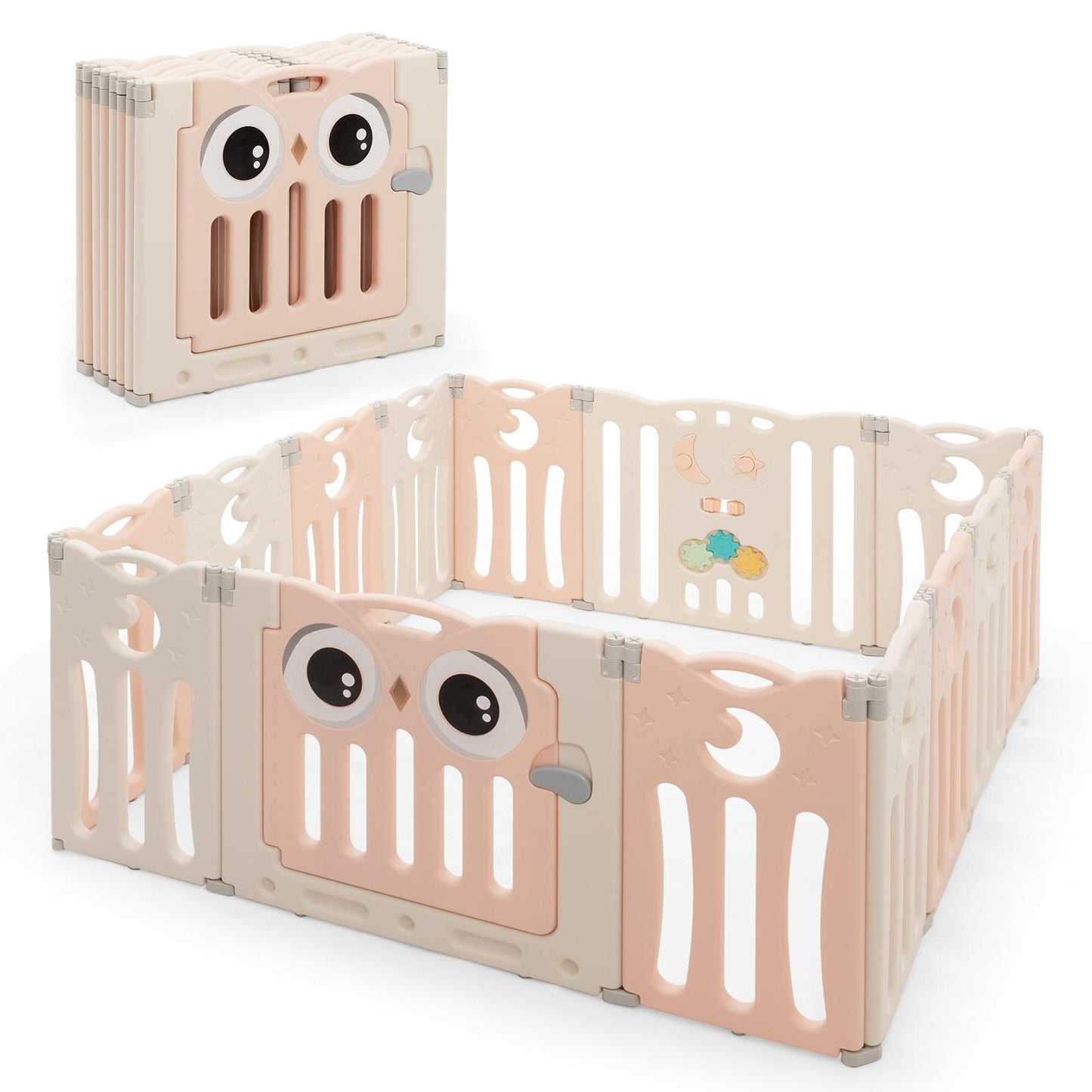 14-Panel Baby Playpen Kids Activity Center Foldable Play Yard with Lock Door-Pink - Pink