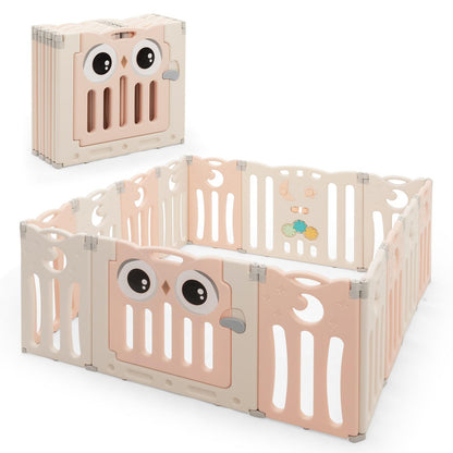 14-Panel Baby Playpen Kids Activity Center Foldable Play Yard with Lock Door-Pink - Pink