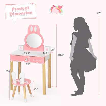 Kids Vanity Set Rabbit Makeup Dressing Table Chair Set with Mirror and Drawer