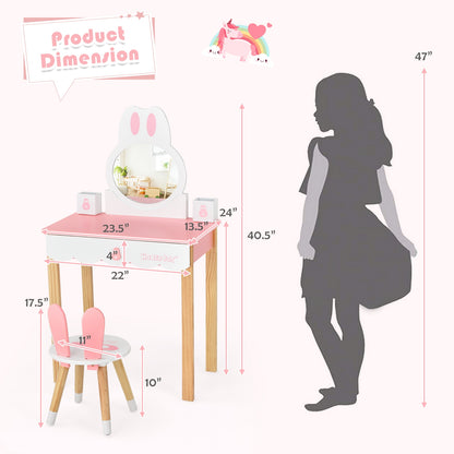 Kids Vanity Set Rabbit Makeup Dressing Table Chair Set with Mirror and Drawer-Pink - Pink