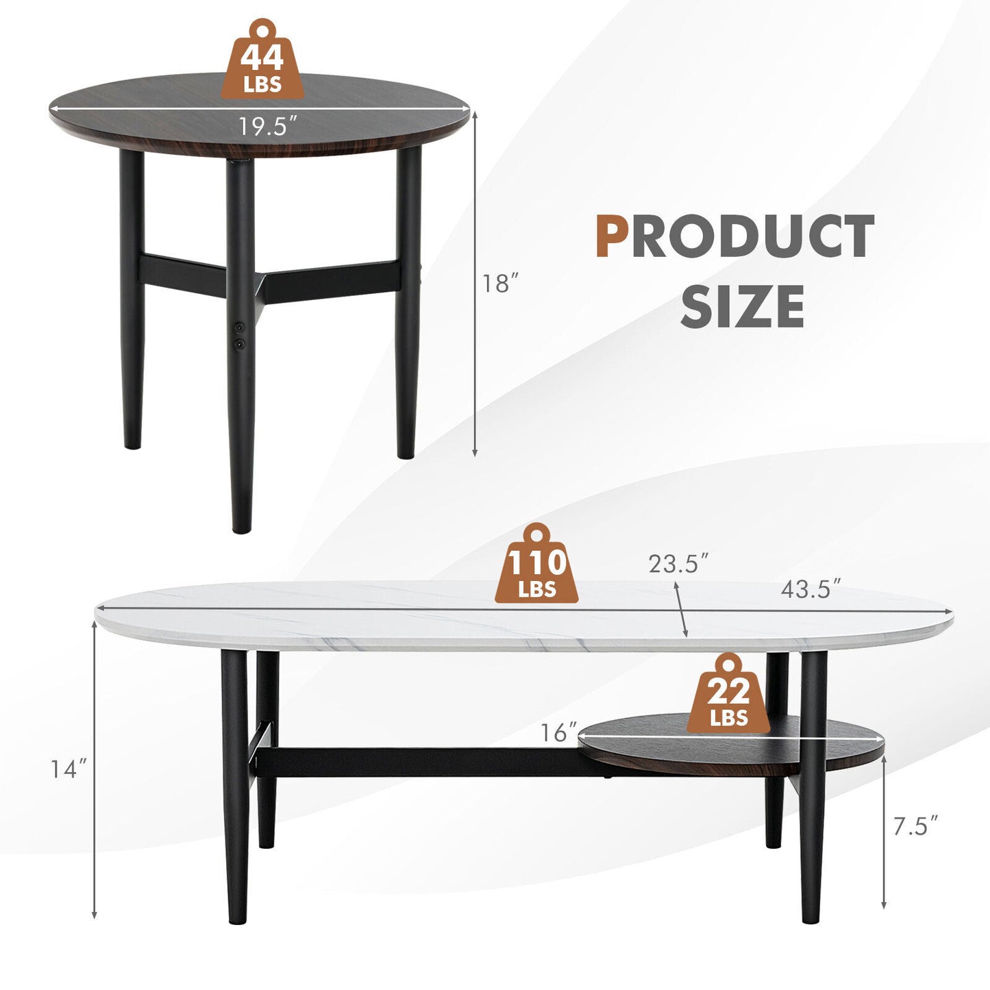 Set of 2 Modern Nesting Coffee Table with Extra Storage Shelf-White