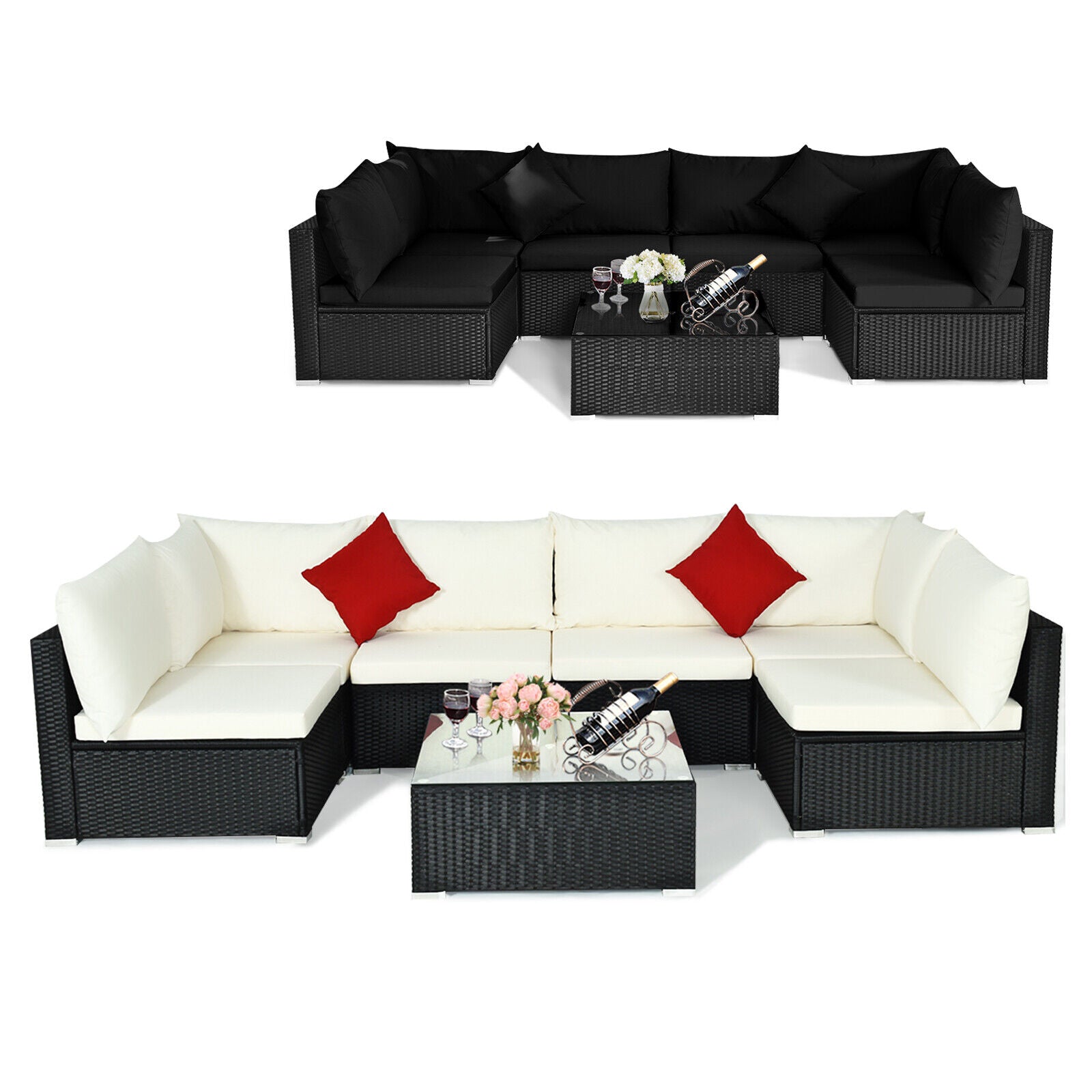 7 Pieces Sectional Wicker Furniture Sofa Set with Tempered Glass Top-Red - Black & White