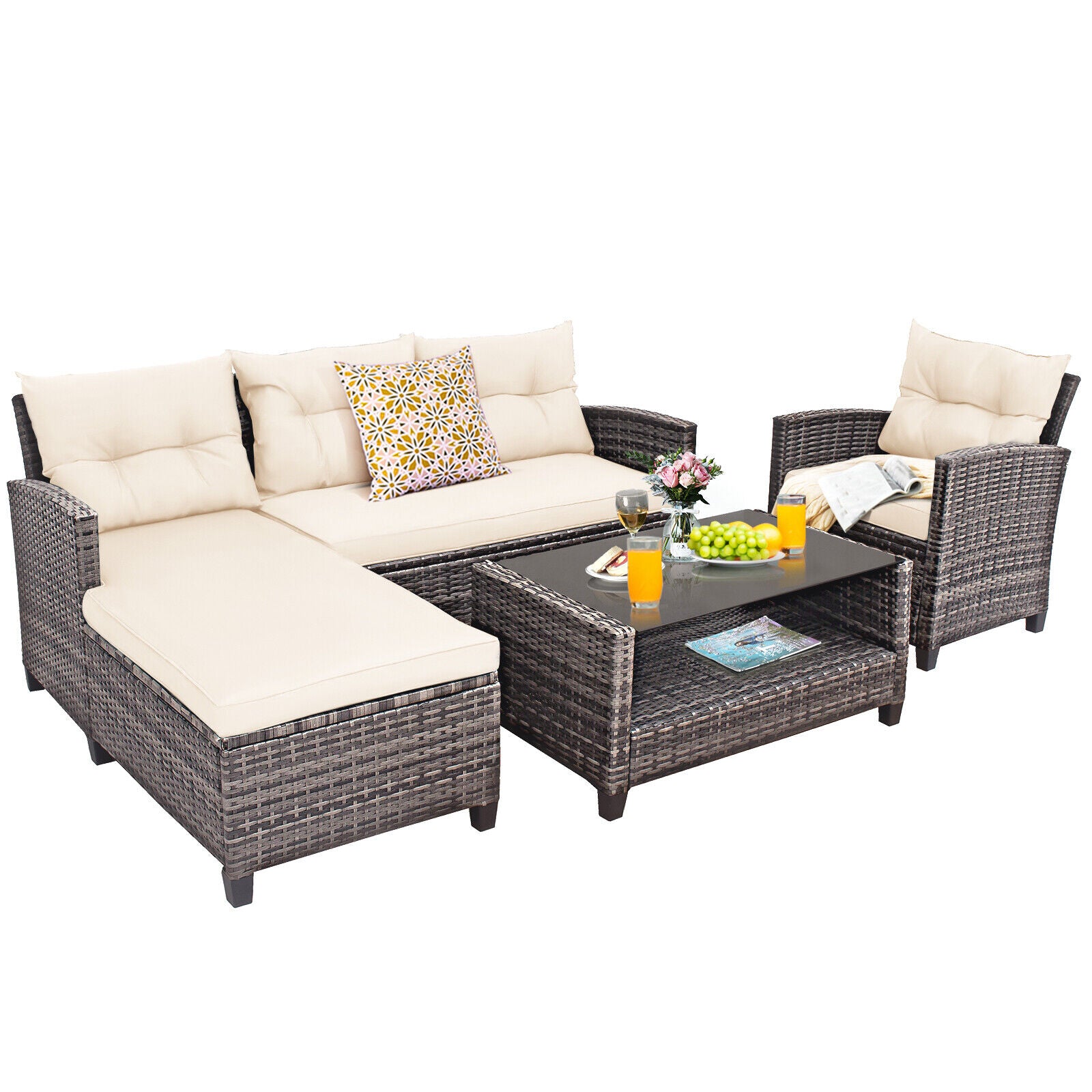 4 Pieces Patio Rattan Furniture Set with Cushion and Table Shelf-Gray - Off White