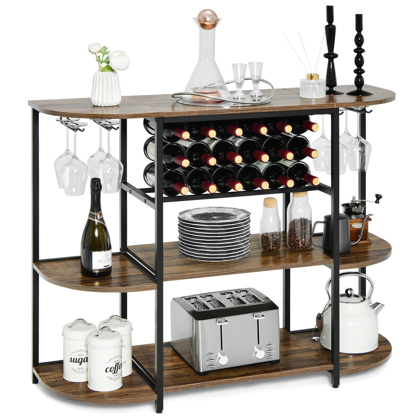 47 Inches Wine Rack Table with Glass Holder and Storage Shelves