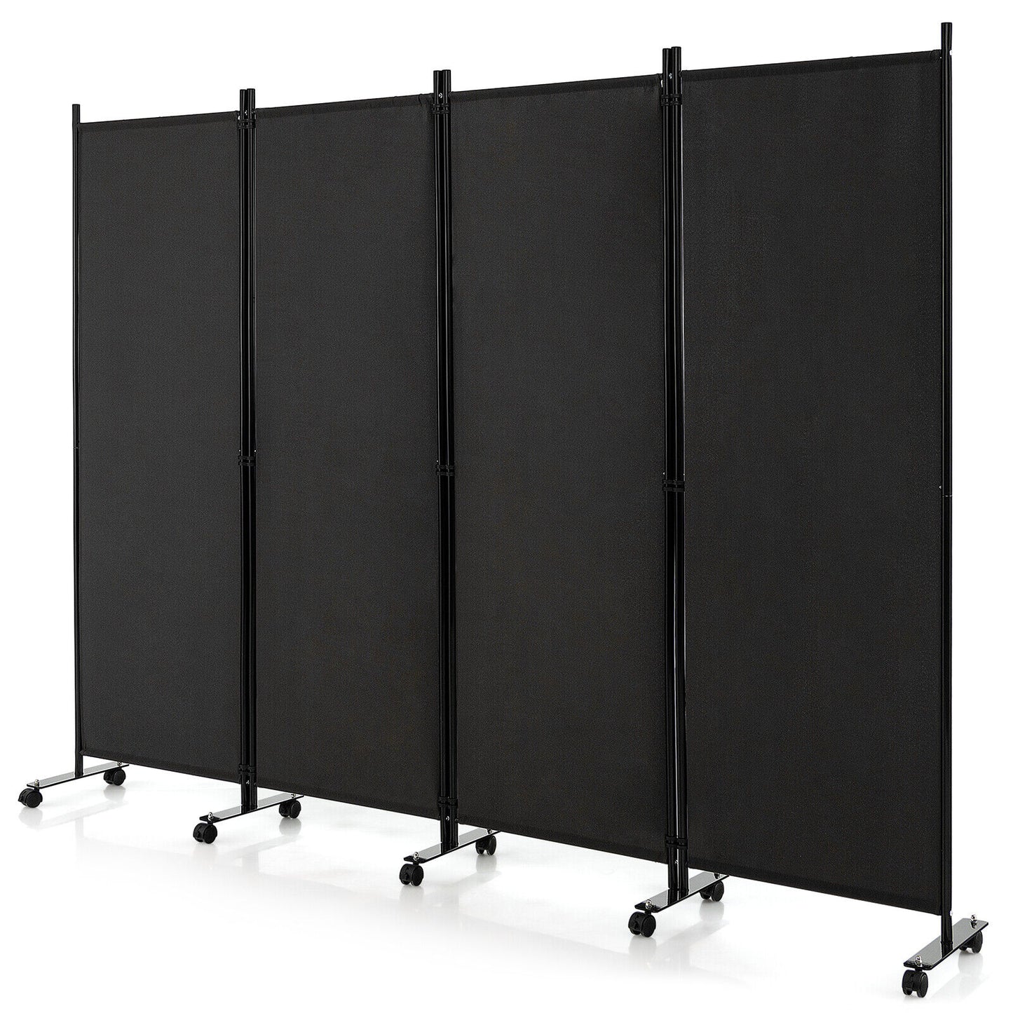 4-Panel Folding Room Divider 6 Feet Rolling Privacy Screen with Lockable Wheels-Black - Black